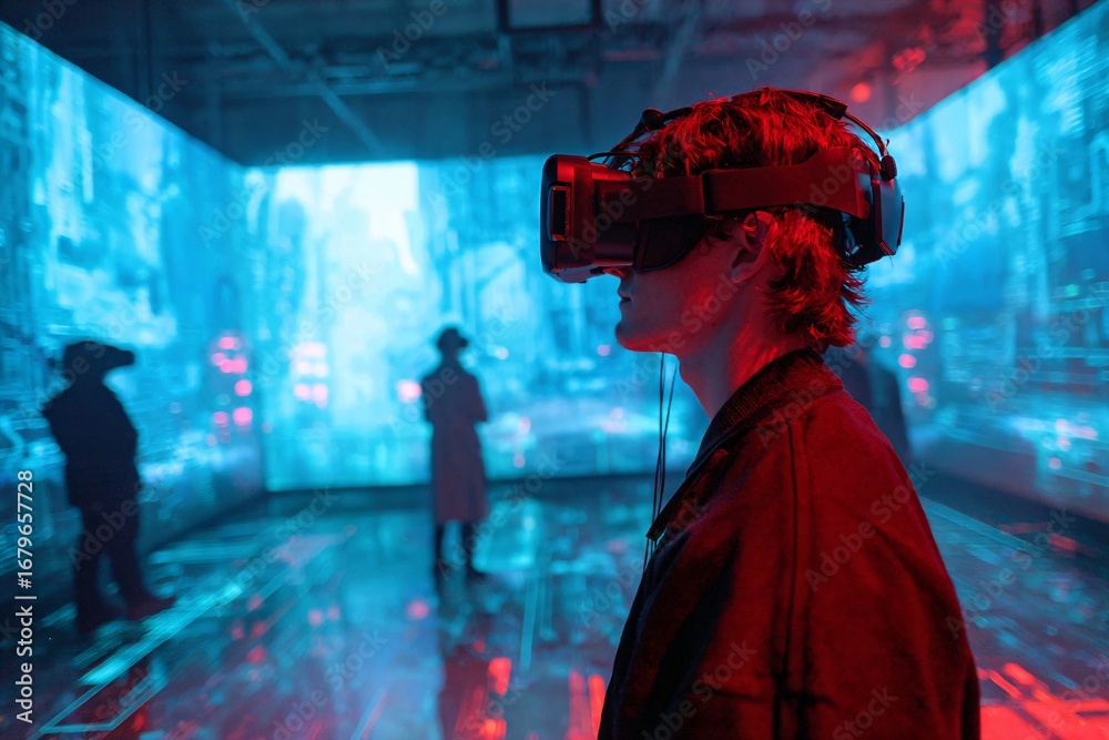 Fototapeta premium Virtual Reality Immersion Exploring Futuristic Worlds with VR Headset Technology