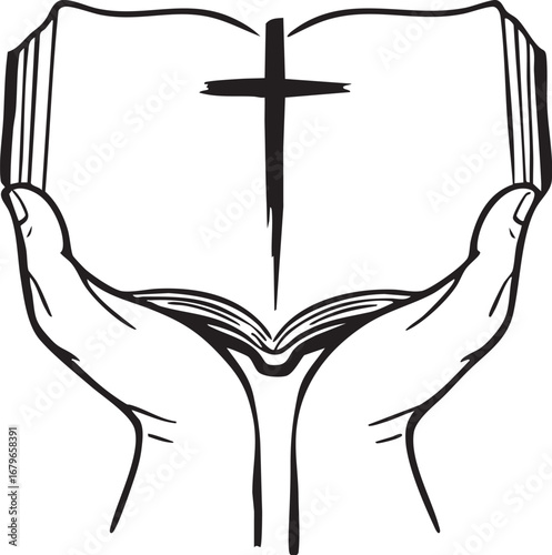 Divine Grace: Hands Holding Open Book with Holy Cross
