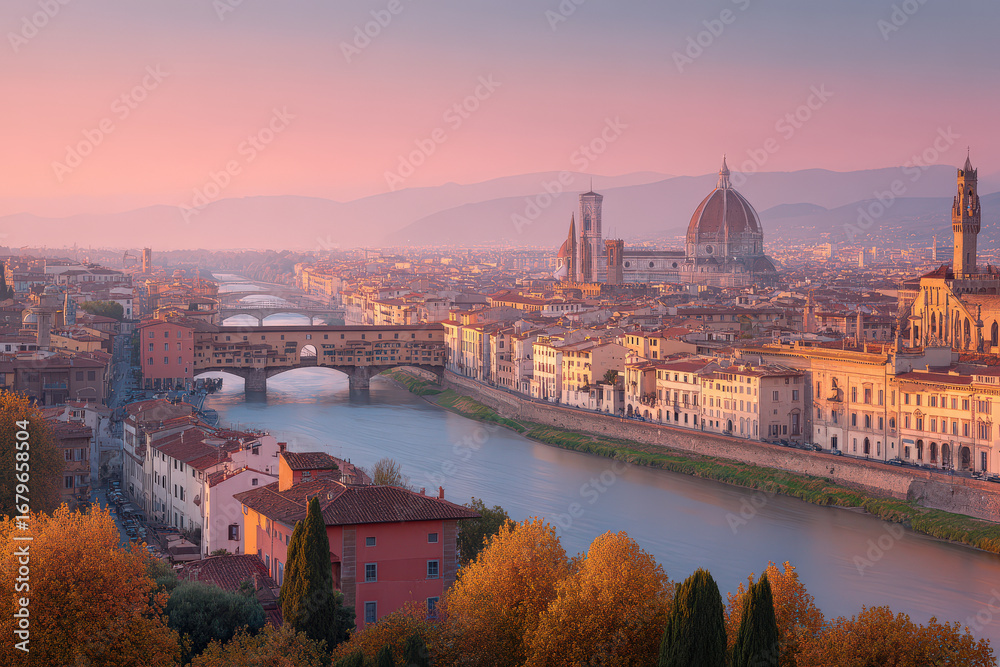 Obraz premium experience breathtaking sunset over historic architecture of florence where golden hues of dusk kiss ancient