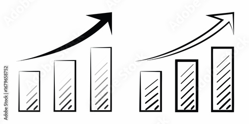 Two simple bar charts with upward trending arrows indicating growth and progress