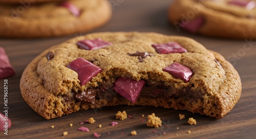 Warm Brown Cookie with Red Chocolate Chunks Bitten on Dark Wood Surface
