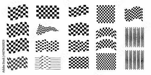 Collection of wavy and distorted checkered flags and patterns in black and white