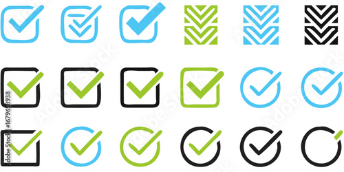 Collection of various checkmark icons in blue green and black on a black background