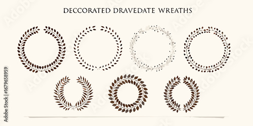 Collection of decorative wreaths with natural leaf and berry designs in earthy tones