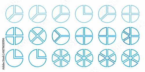 Collection of blue outline pie chart segments showing different fractions and divisions of a circle