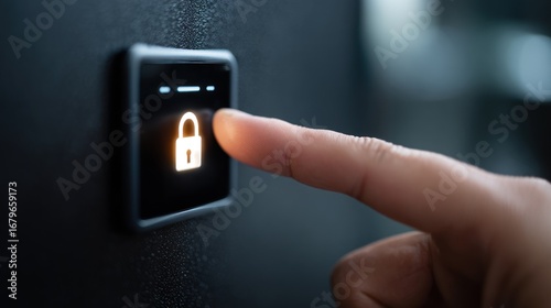 Finger pressing a digital lock button
