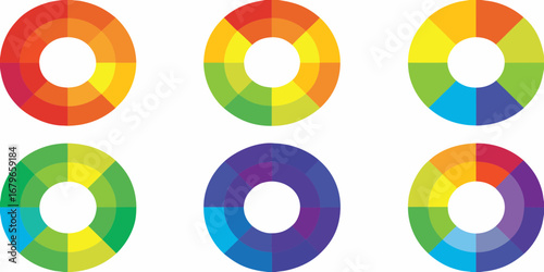 Six colorful circular diagrams with segmented color wheels and a white background