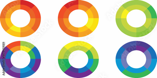 Six colorful circular color wheels with segmented sections showing color gradients and combinations