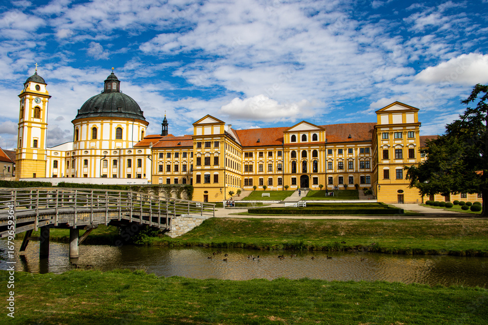 Fototapeta premium Baroque Jaroměřice nad Rokytnou Castle with gardens and church, historical landmark and cultural monument in the Vysočina region, Czech Republic, European heritage site.