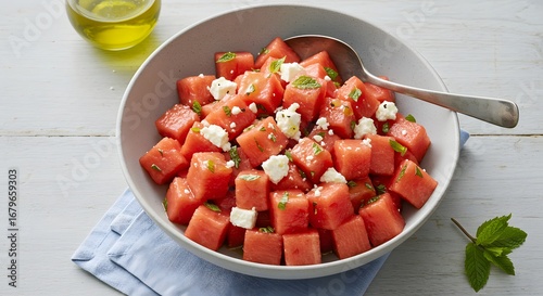 Watermelon Salad Cubes with Feta and Mint in Ceramic Bowl