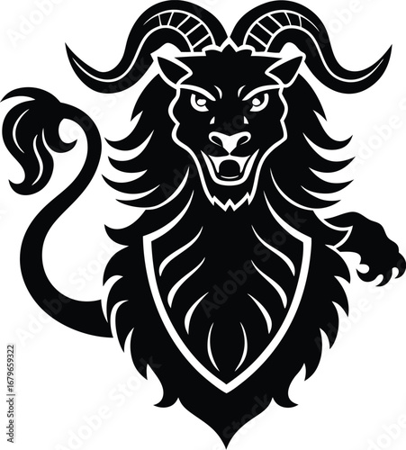 Vector art of fierce heraldic creature, a mythical beast with ram horns and lion body, rendered in a bold black silhouette against a