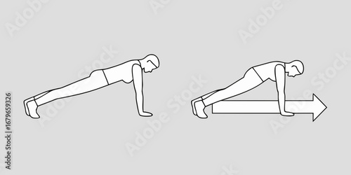 Illustration of a person performing a plank exercise with a directional arrow indicating movement or progression