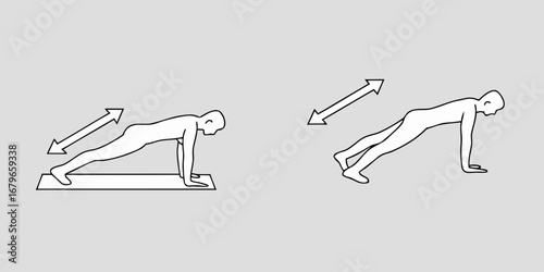 Illustration of a person performing a plank exercise with arrows indicating movement for a dynamic workout routine