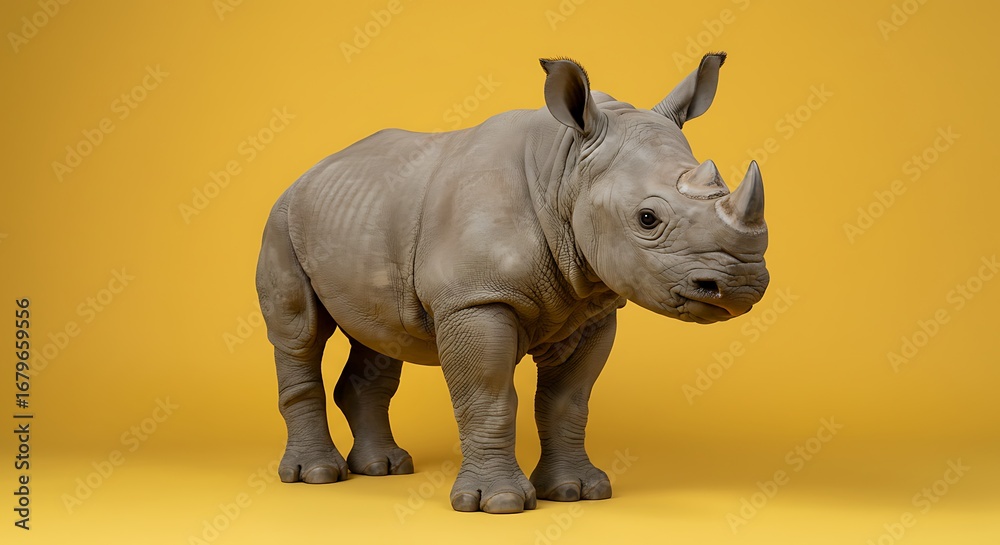 Fototapeta premium Young Rhinoceros Standing on a Footpath at the Edge of the Forest with Thick Gray Skin and Short Horns Under Natural Light”