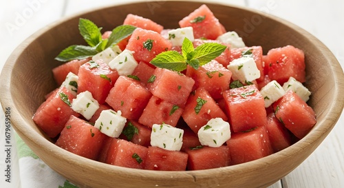Watermelon Salad Cubes with White Cheese and Mint in Bowl