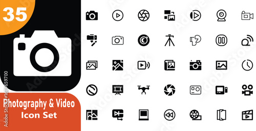 Set of thirty five photography and video icons for graphic design