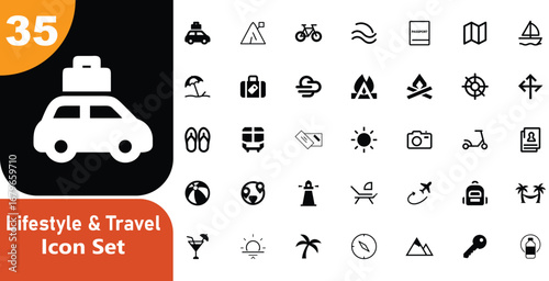 A comprehensive lifestyle and travel icon set with various transportation elements