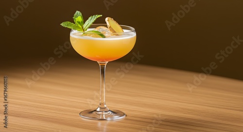 Yellow Cocktail Drink with Mint and Ginger Garnish on Wood Table