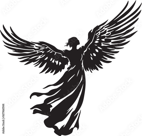 Angel with Outstretched Wings, a Graceful and Serene Silhouette of a Heavenly Figure