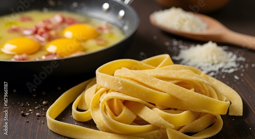 Yellow Pasta Noodle Nest with Eggs and Bacon in Pan on Dark Wood Table