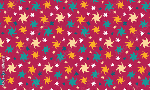 Colorful pinwheel pattern. Seamless abstract vector geometric ornament with rotating shapes in yellow, beige and teal on red background for textile, fabric, interior, ceramic, wallpaper, paper decor