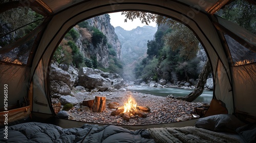 View from inside a tent of a campfire near a river in a rocky valley with mountains in the background