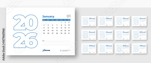 Professional Calendar 2026 Layout | Corporate desk planner | 12-month monthly view 2026 desk calendar design | Week starting Sunday