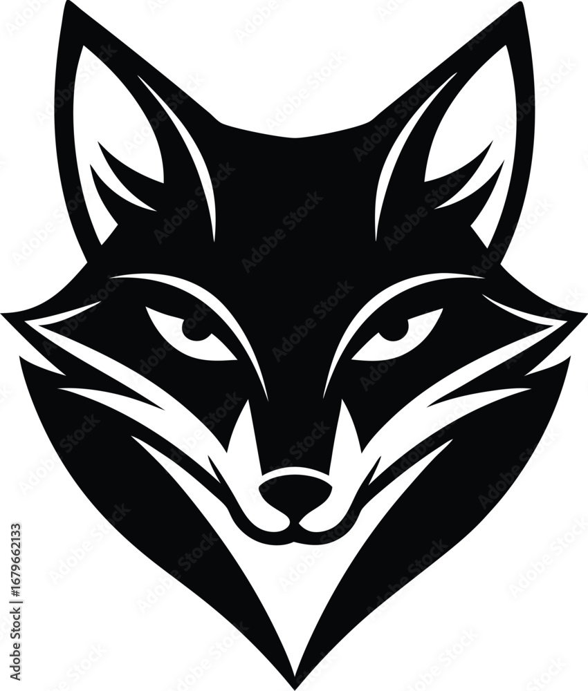 Obraz premium Vector art of stylized black fox head with sharp features and intelligent eyes, a symbol of cunning and wild nature