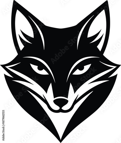 Vector art of stylized black fox head with sharp features and intelligent eyes, a symbol of cunning and wild nature