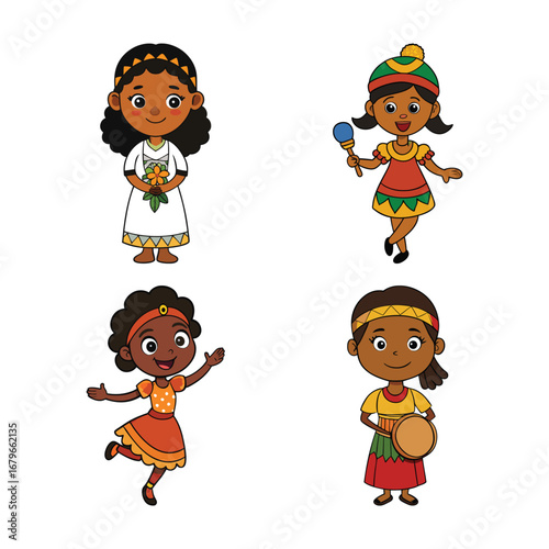 A fun cartoon illustration of children and kids playing in winter with hats and playful characters