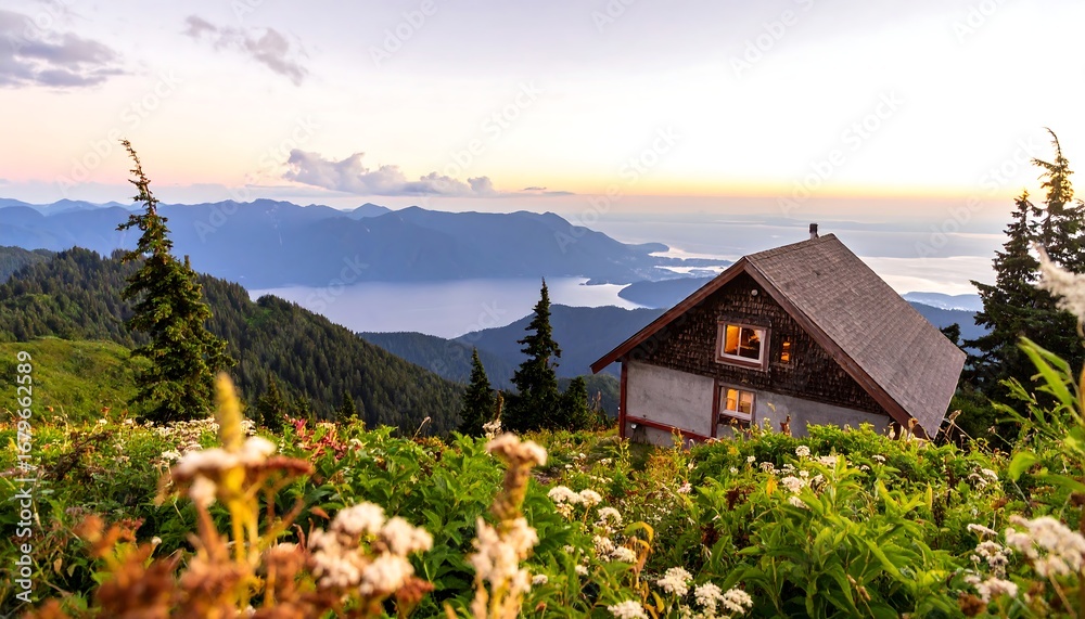 Fototapeta premium Mountain cabin at sunset