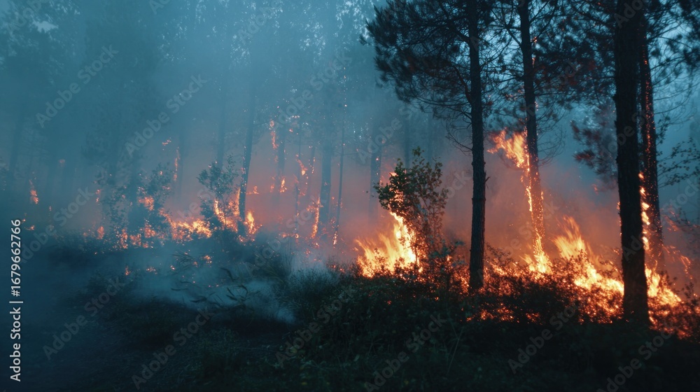 Fototapeta premium Forest fire at twilight