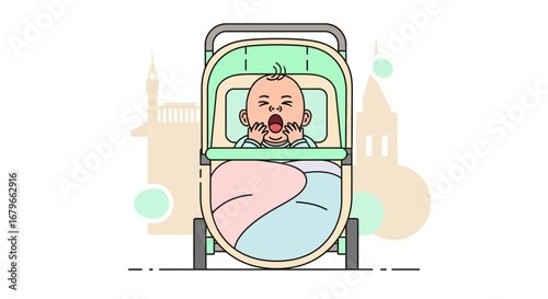 Illustration of a baby yawning in a stroller with a city skyline in the background