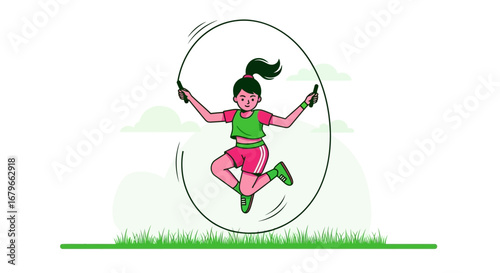 Illustration Of A Girl Jumping Rope Outdoors In The Green With Minimalist Design