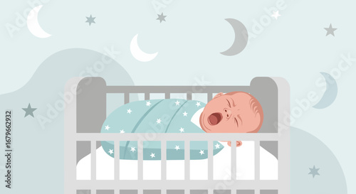 Illustration of a baby yawning in a crib at night time with stars and moon decoration
