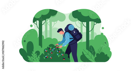 Illustration of a backpacker picking berries in a forest, outdoor adventure concept