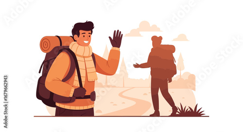 Illustration of a backpacker waving goodbye to a friend while traveling on a trail or path