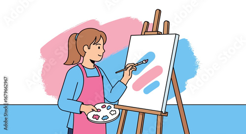 Illustration of a girl painting on a canvas with colors: creativity and art concept