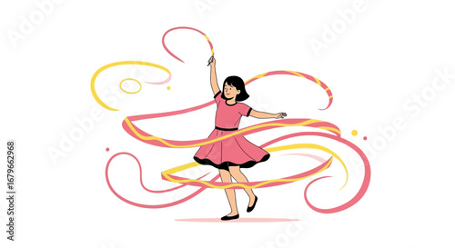 Illustration of a girl performing rhythmic gymnastics with colorful ribbons on a white background