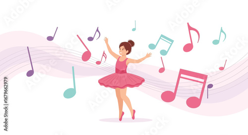 Illustration of a ballerina dancing with musical notes in a vibrant and colorful design