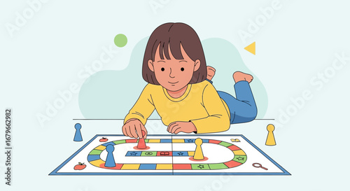 Illustration of a girl playing a board game at home, enjoying her leisure time