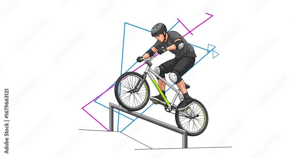 Fototapeta premium Illustration of a BMX rider performing a trick on a rail with geometric shapes in the background