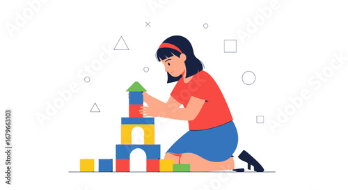 Illustration of a girl playing with building blocks, creating tower and having fun