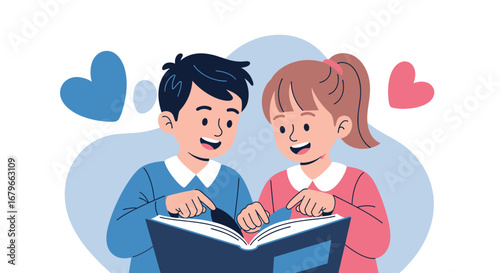 Illustration of a boy and girl reading a book with hearts floating around them
