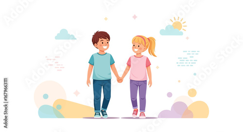 Illustration of a boy and a girl holding hands, walking together in the daytime