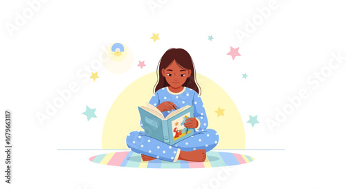 Illustration of a girl reading a book in pajamas with stars and a light background