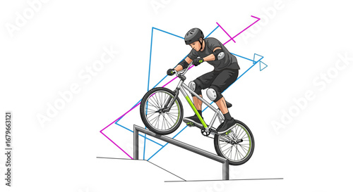 Illustration of a BMX rider performing a trick on a rail with geometric shapes in the background