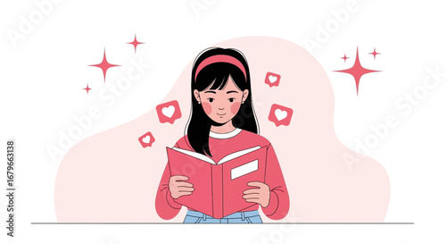 Illustration of a Girl Reading a Book with Hearts, Reading, Enjoyment