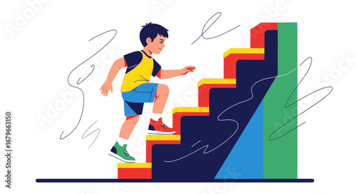 Illustration of a boy climbing stairs symbolizing growth and achievement of a goal