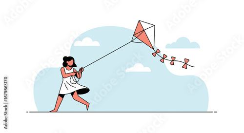 Illustration of a girl running and flying a kite on a beautiful sunny day